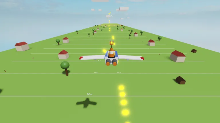 The winged bathtub glides over farmland, following a trail of glowing coins past houses and trees, over distance lines marked on the grass.