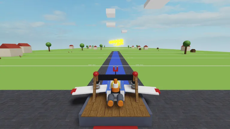 The bathtub, fitted with wings and twin engines and piloted by a rubber duck, waits on its wooden launch pad at the start of a long runway across green fields.